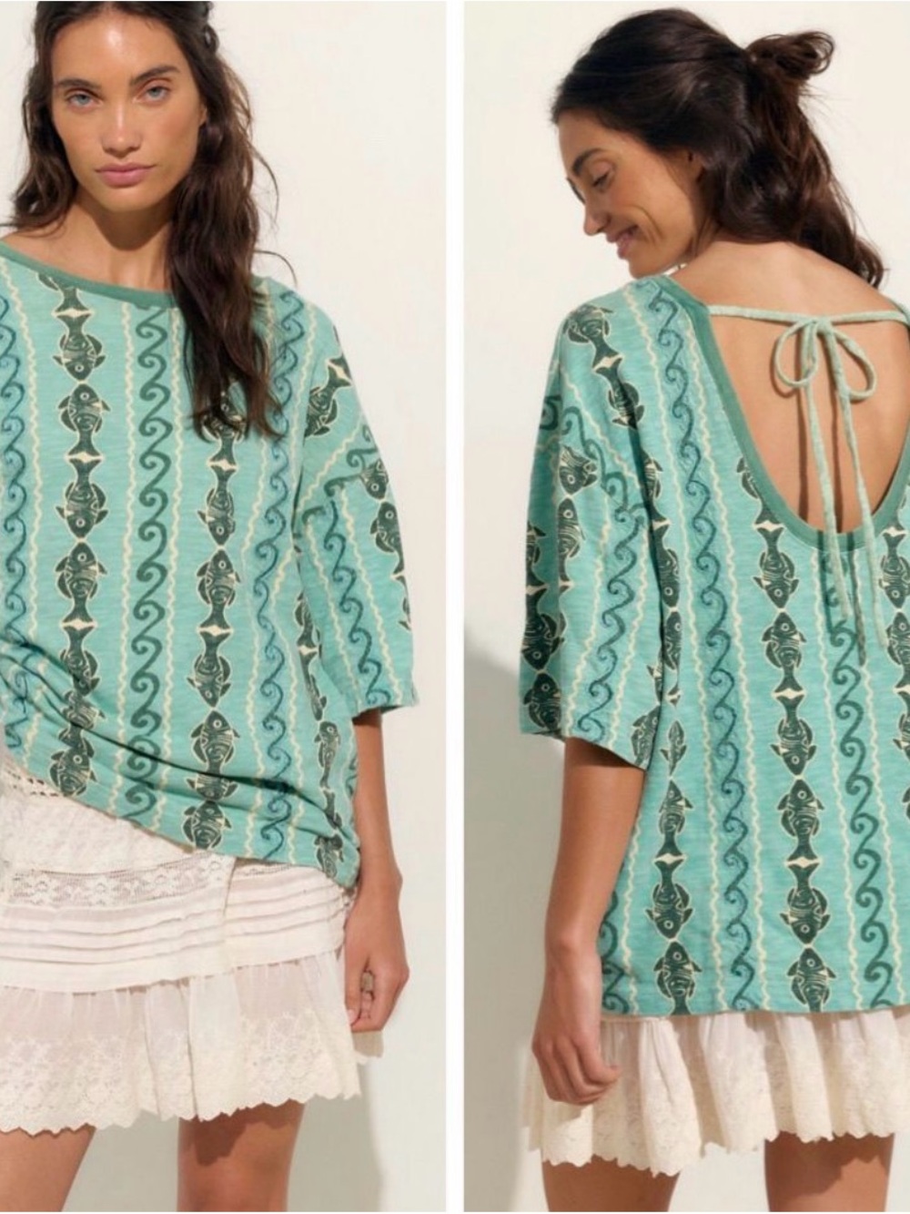 Free People Teal Patterned Tie-Back Blouse